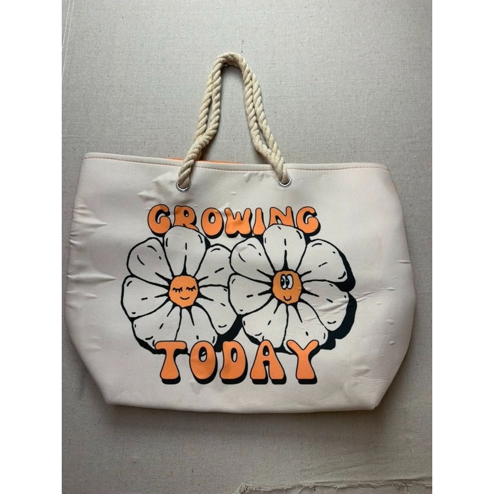 Growing Today Floral Daisy Canvas Tote Bag Orange Cream Rope Handles [BG1]